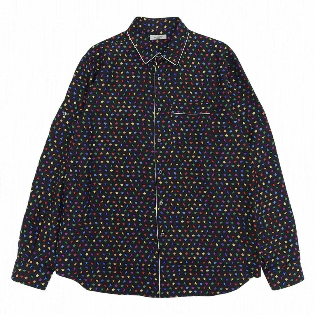 Excellent VALENTINO Long sleeve shirt Star pattern black silk 42 QV3ABA25EMN