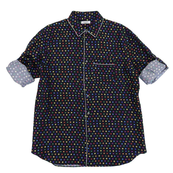 Excellent VALENTINO Long sleeve shirt Star pattern black silk 42 QV3ABA25EMN
