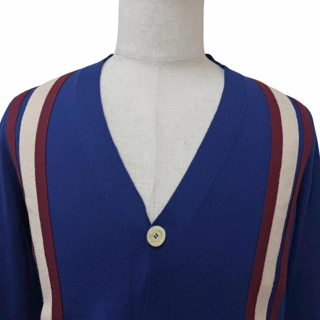 Excellent GUCCI cardigan Web stripe logo button knit blue wool mens 597800