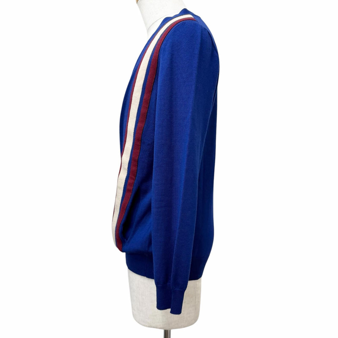 Excellent GUCCI cardigan Web stripe logo button knit blue wool mens 597800