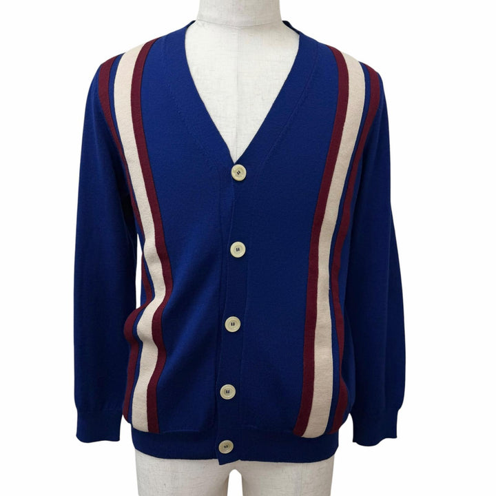 Excellent GUCCI cardigan Web stripe logo button knit blue wool mens 597800