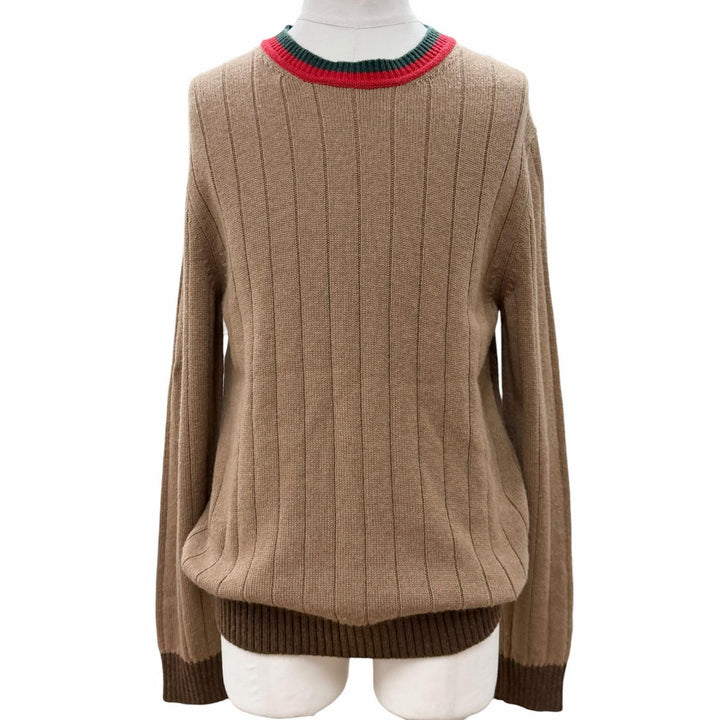 Excellent GUCCI sweater Web stripe crew neck knit Brown Camel mens M 721035