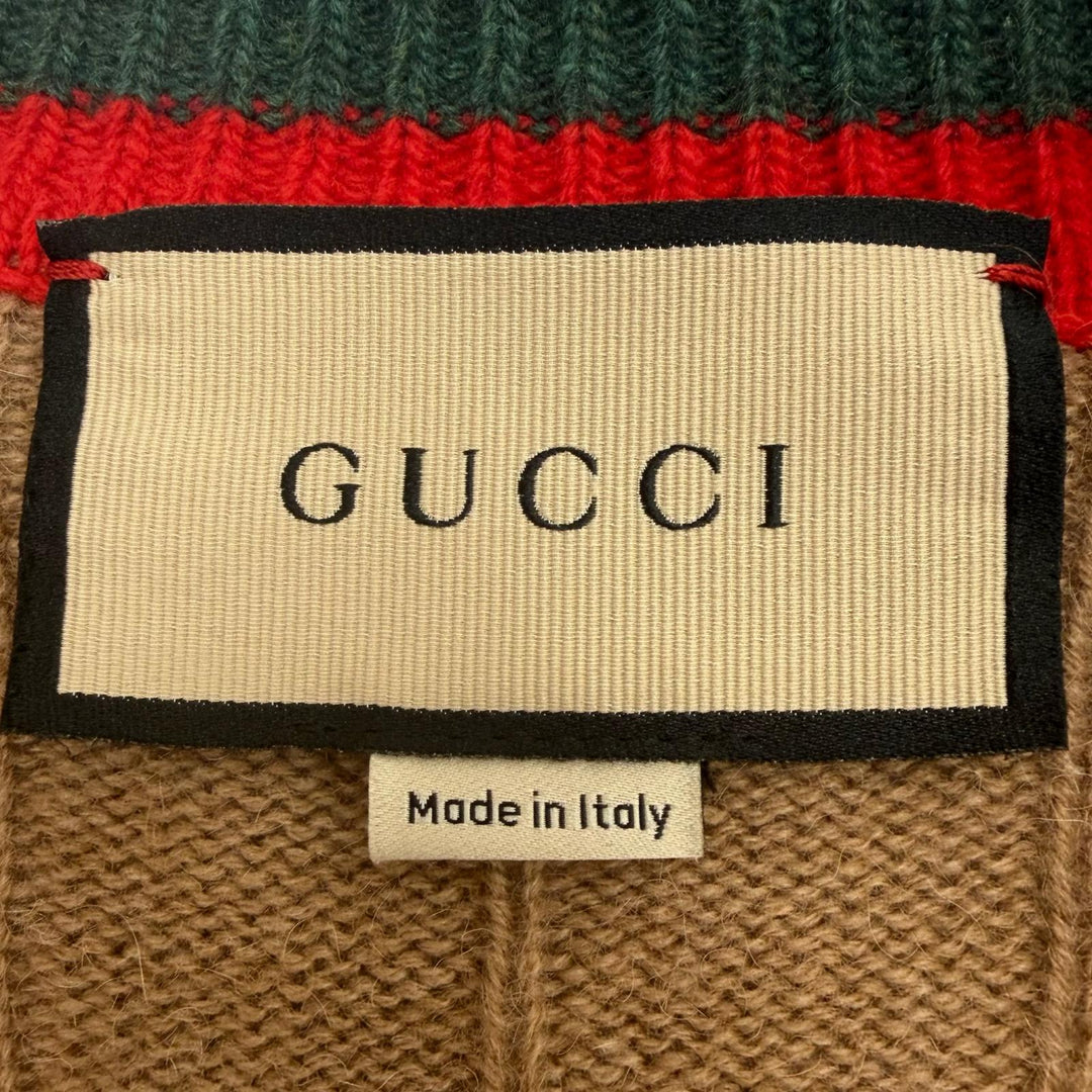 Excellent GUCCI sweater Web stripe crew neck knit Brown Camel mens M 721035