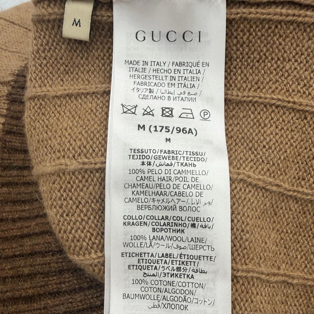 Excellent GUCCI sweater Web stripe crew neck knit Brown Camel mens M 721035