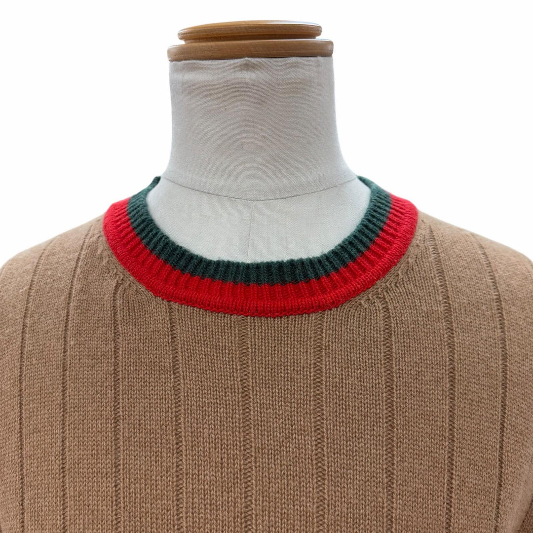 Excellent GUCCI sweater Web stripe crew neck knit Brown Camel mens M 721035