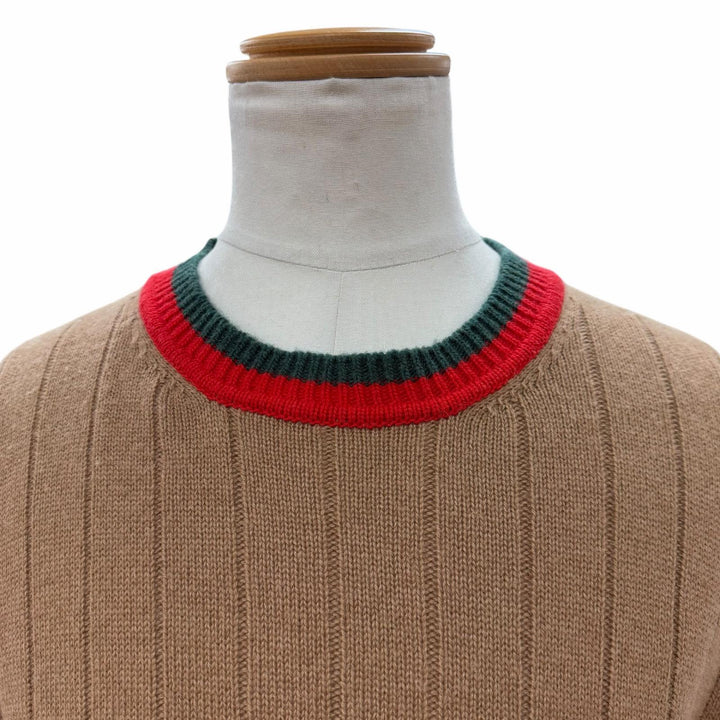 Excellent GUCCI sweater Web stripe crew neck knit Brown Camel mens M 721035