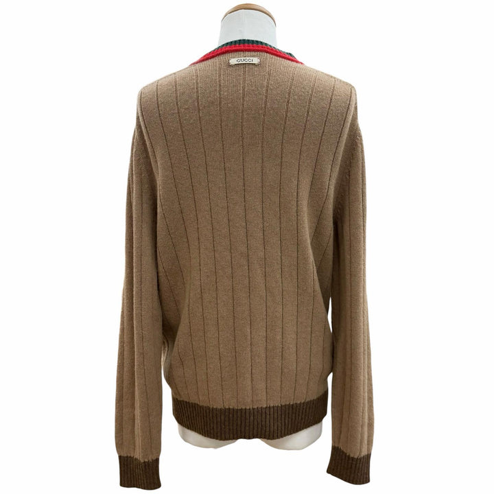 Excellent GUCCI sweater Web stripe crew neck knit Brown Camel mens M 721035