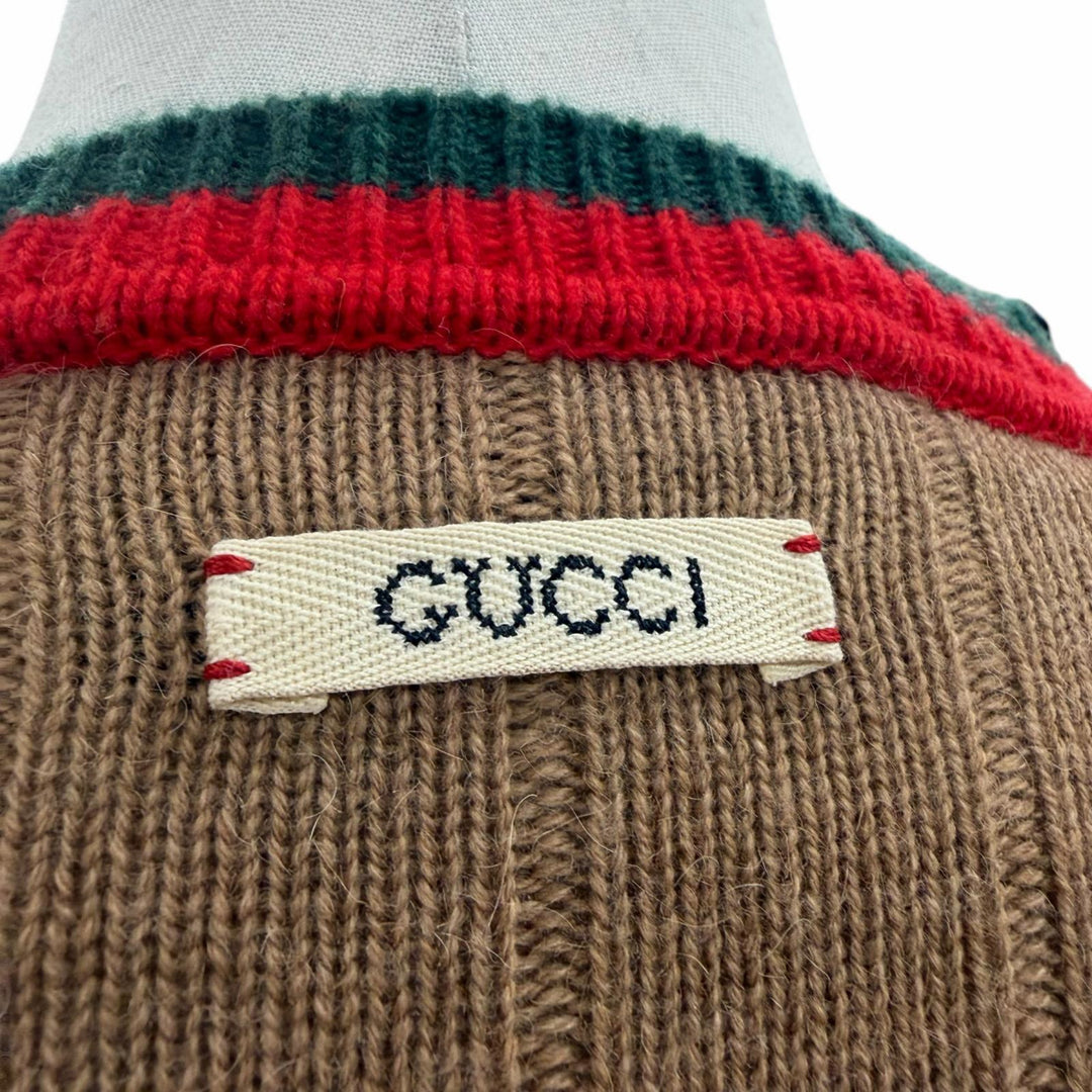 Excellent GUCCI sweater Web stripe crew neck knit Brown Camel mens M 721035
