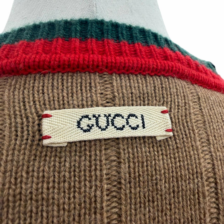 Excellent GUCCI sweater Web stripe crew neck knit Brown Camel mens M 721035