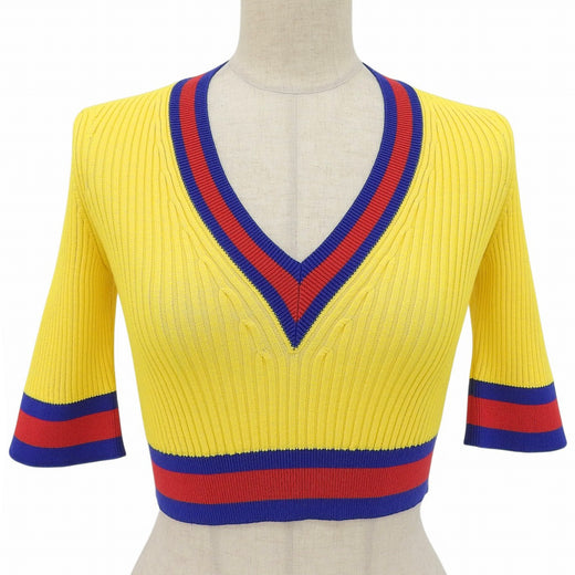 Excellent GUCCI Short sleeve knit Web stripe cropped V-neck yellow XS 756271