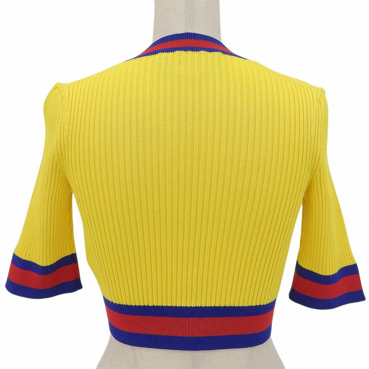 Excellent GUCCI Short sleeve knit Web stripe cropped V-neck yellow XS 756271