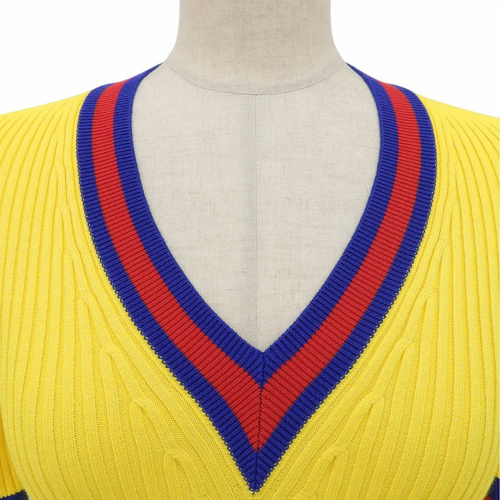 Excellent GUCCI Short sleeve knit Web stripe cropped V-neck yellow XS 756271