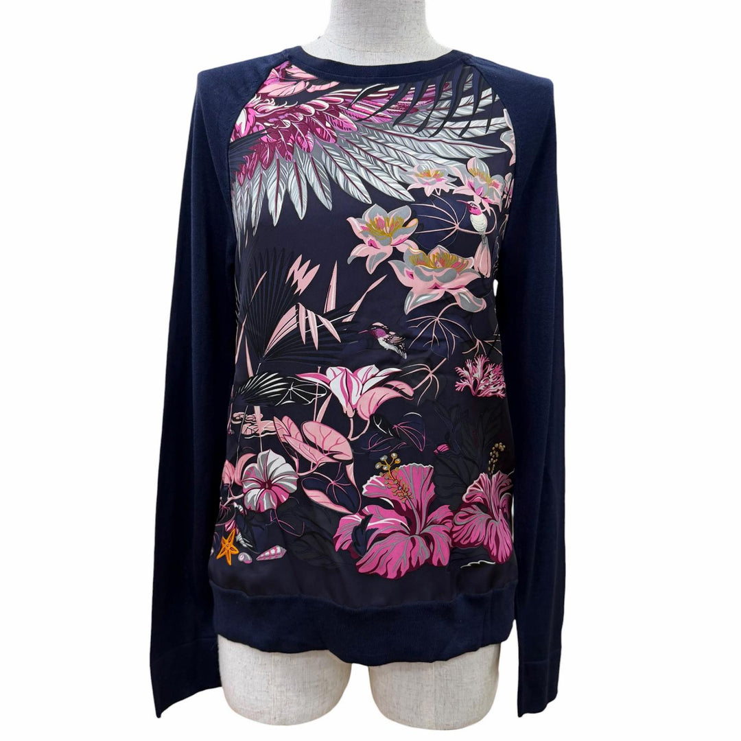 Pristine HERMES knit FLAMINGO PARTY Twill Laine Long Sleeve Navy silk Women 34
