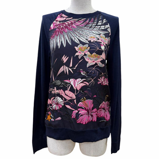 Pristine HERMES knit FLAMINGO PARTY Twill Laine Long Sleeve Navy silk Women 34
