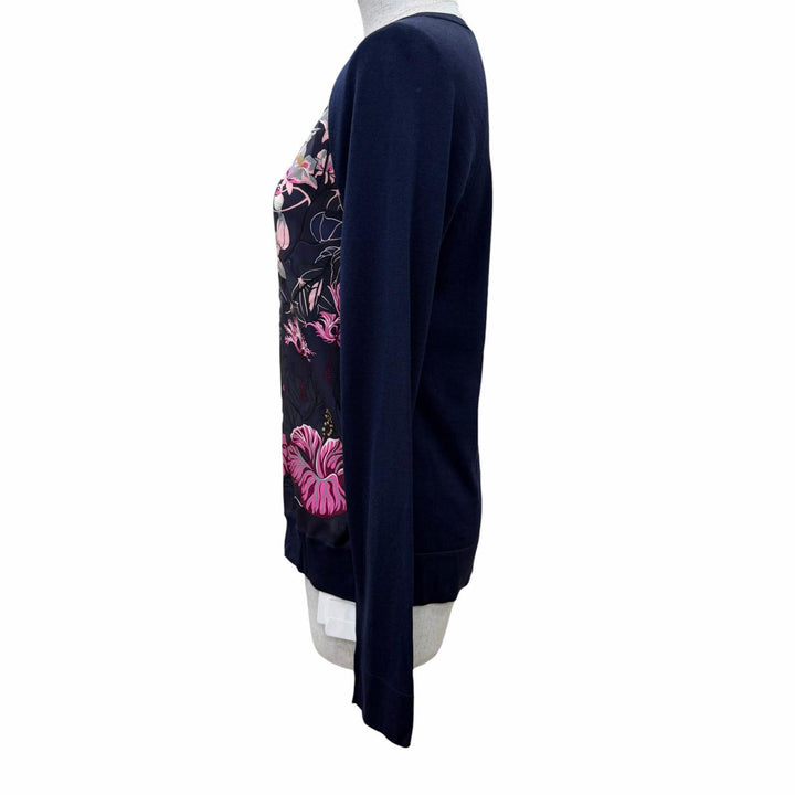 Pristine HERMES knit FLAMINGO PARTY Twill Laine Long Sleeve Navy silk Women 34