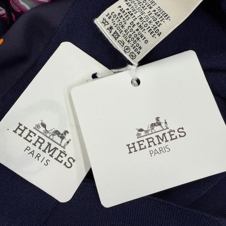 Pristine HERMES knit FLAMINGO PARTY Twill Laine Long Sleeve Navy silk Women 34