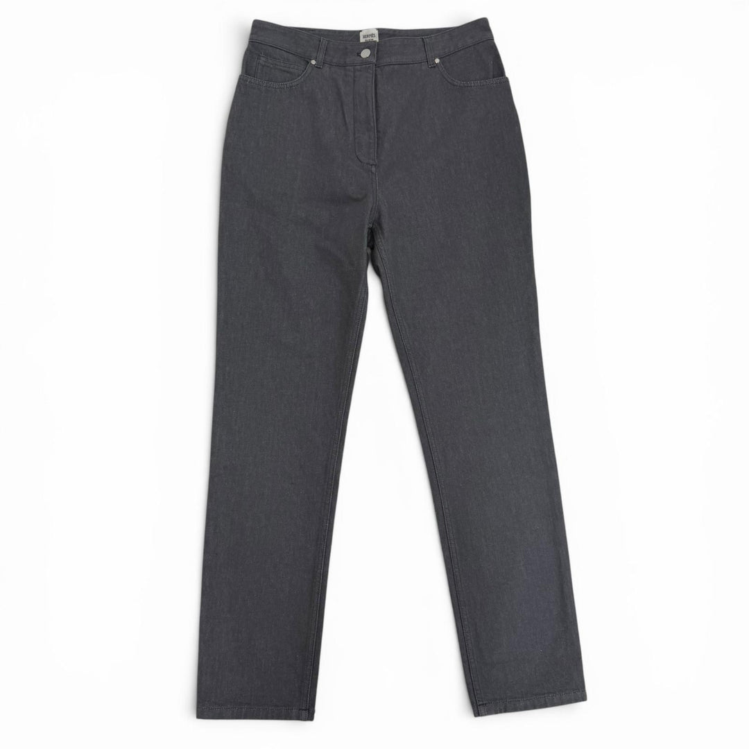 Excellent HERMES Denim pants Serie buttons, logo leather, button fly. gray 42
