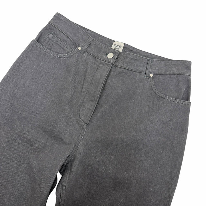 Excellent HERMES Denim pants Serie buttons, logo leather, button fly. gray 42