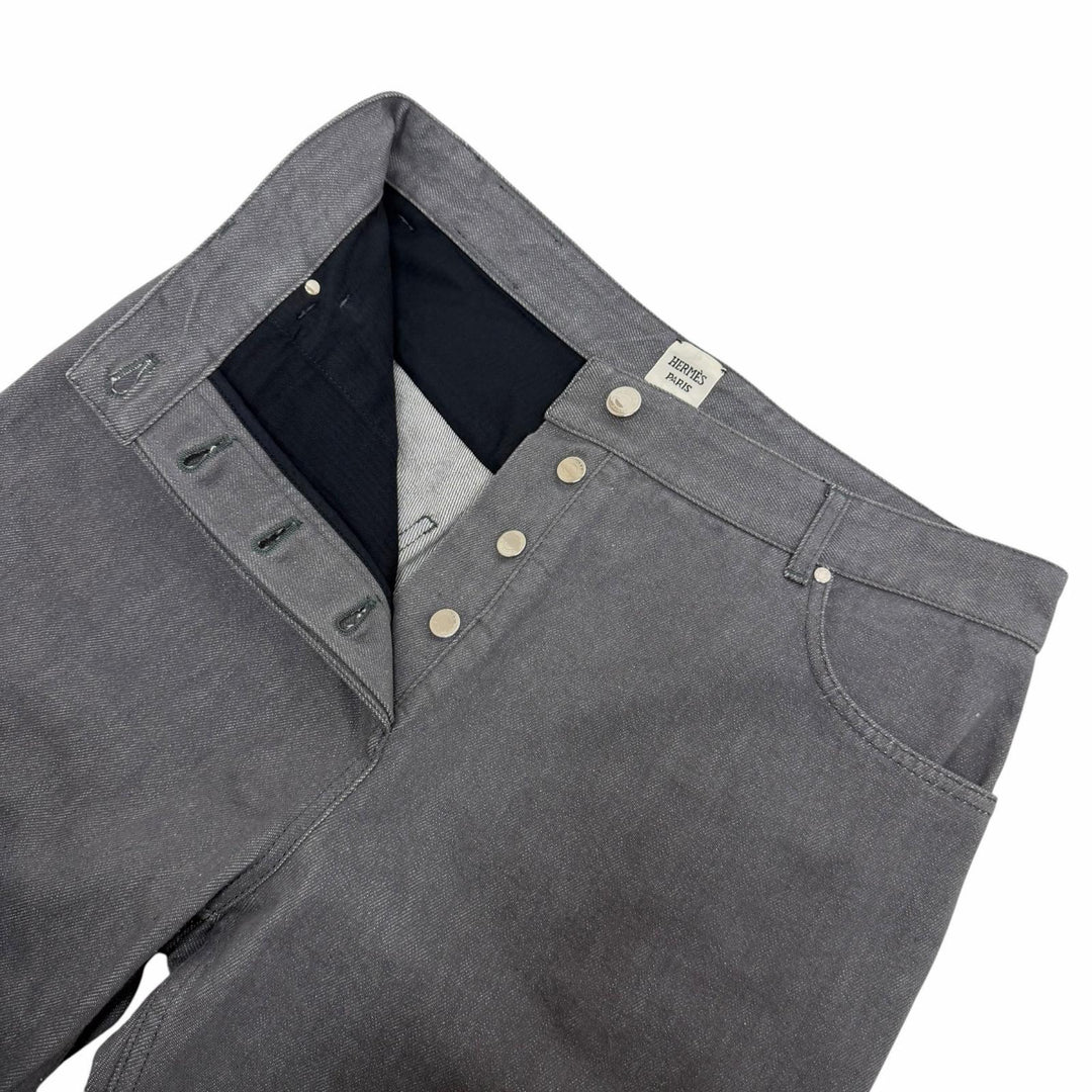 Excellent HERMES Denim pants Serie buttons, logo leather, button fly. gray 42