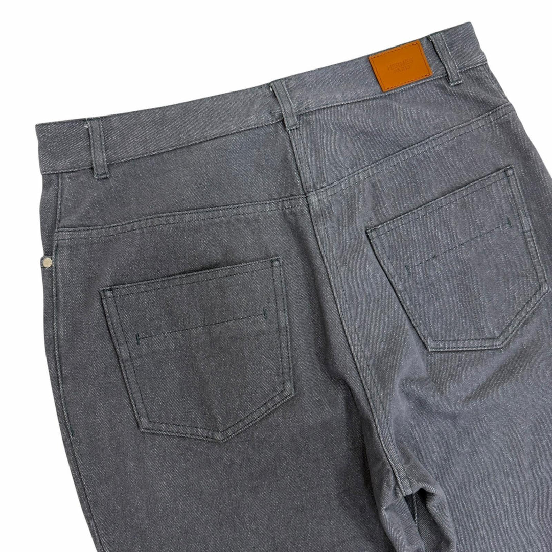 Excellent HERMES Denim pants Serie buttons, logo leather, button fly. gray 42