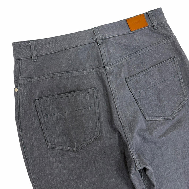 Excellent HERMES Denim pants Serie buttons, logo leather, button fly. gray 42