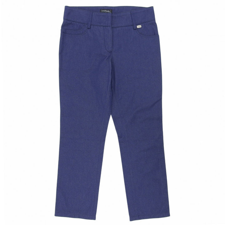 Great CHANEL Pants Logo Metal Denim Indigo cotton Women 38 04A P24442