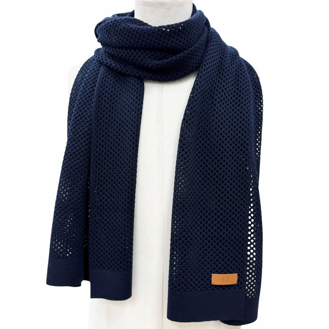 Excellent HERMES Scarf Mesh Stole Navy cashmere mens