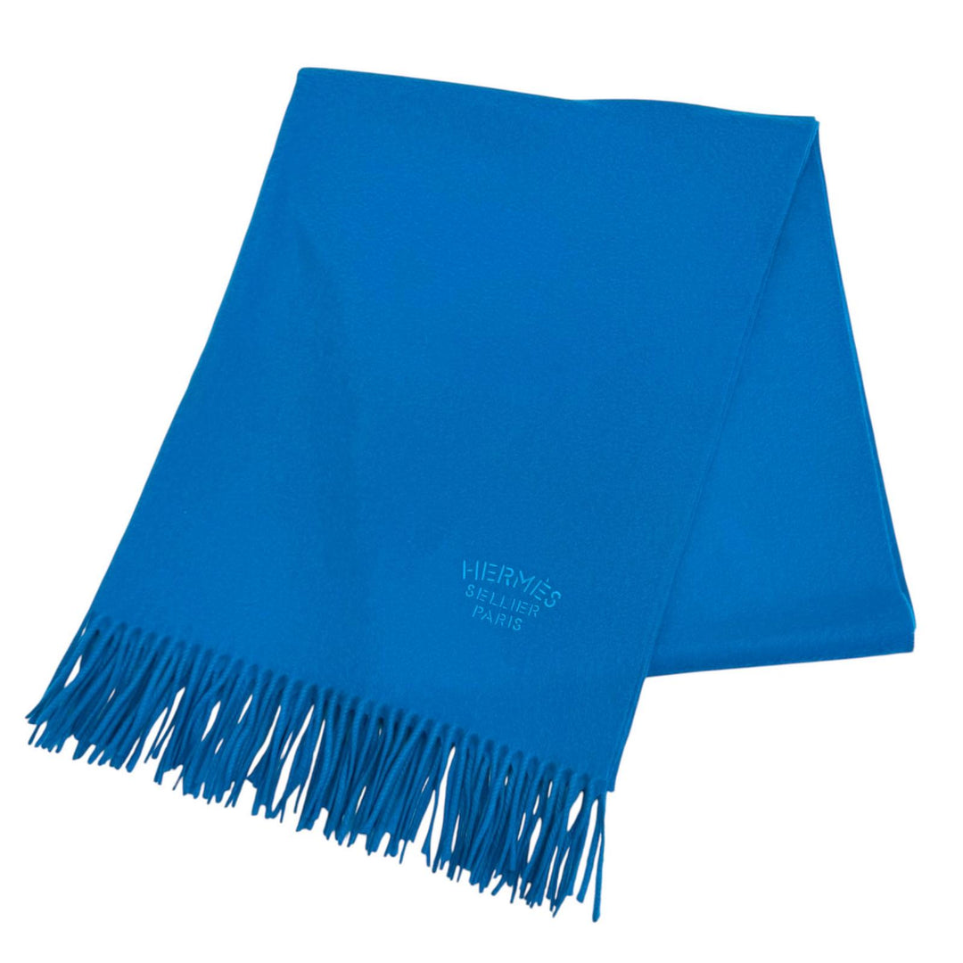 Excellent HERMES shawl Large fringed scarf with embroidered logo blue cashmere