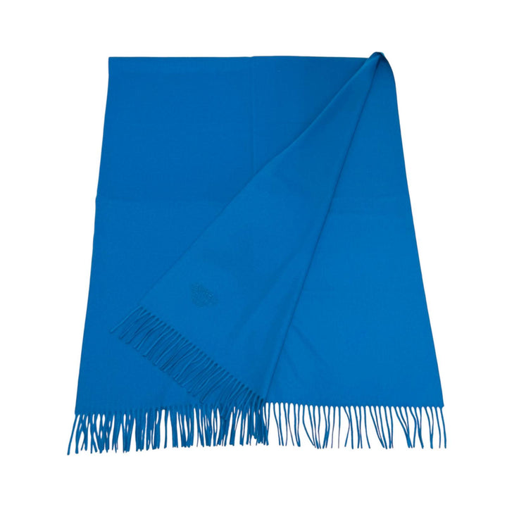 Excellent HERMES shawl Large fringed scarf with embroidered logo blue cashmere