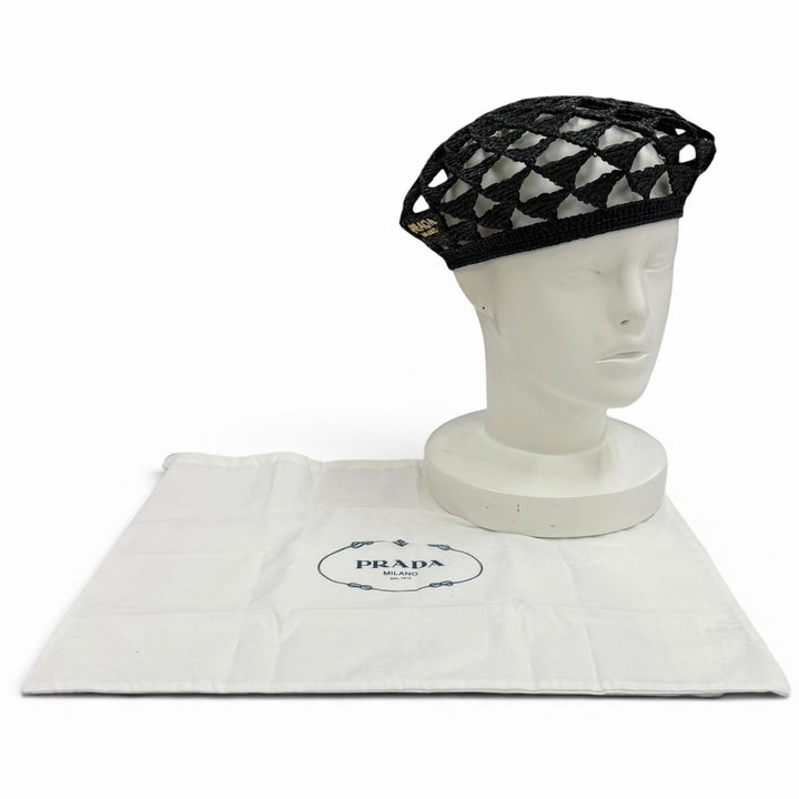 Excellent PRADA beret Logo-emblazoned crochet black Viscose Women L 1HC266