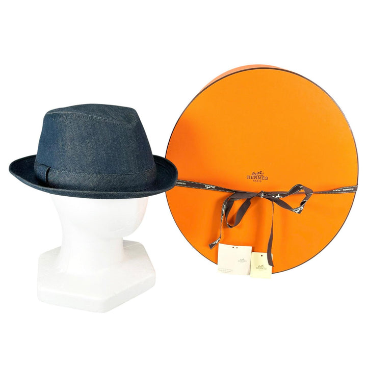 Excellent HERMES hat H logo embroidery Indigo blue cotton mens