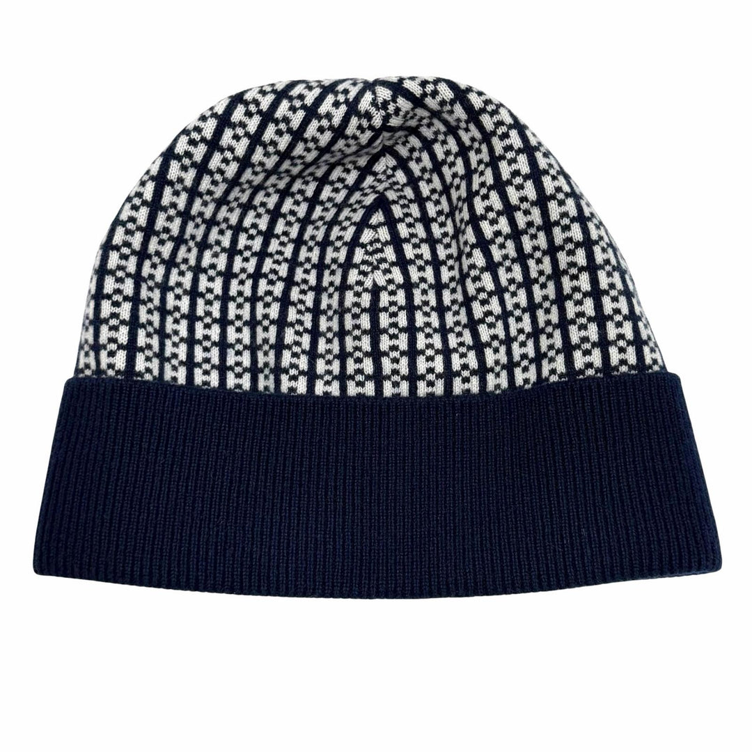 Excellent HERMES Knit cap H232019N H-pattern Hope Beanie Navy cashmere Women M