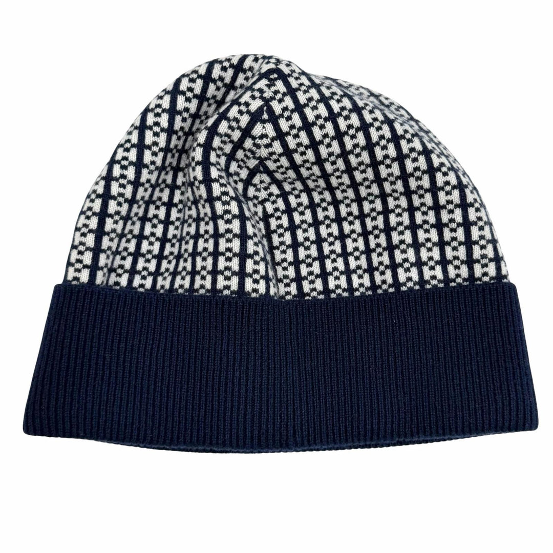 Excellent HERMES Knit cap H232019N H-pattern Hope Beanie Navy cashmere Women M
