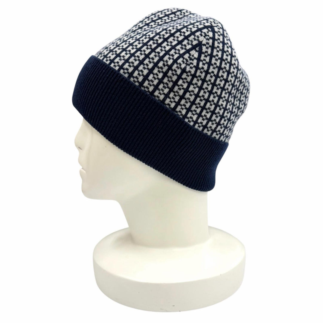 Excellent HERMES Knit cap H232019N H-pattern Hope Beanie Navy cashmere Women M
