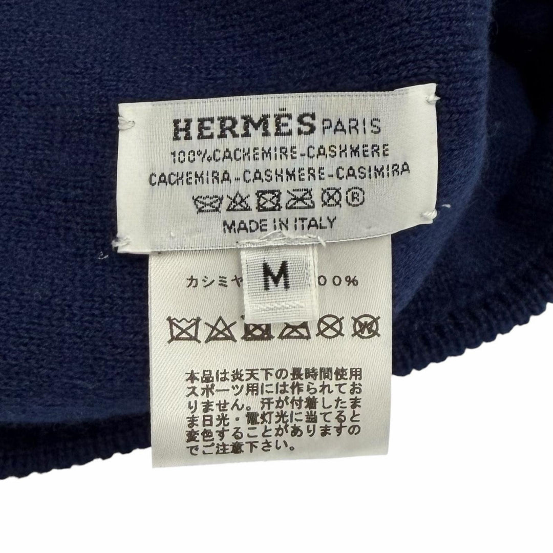 Excellent HERMES Knit cap H232019N H-pattern Hope Beanie Navy cashmere Women M