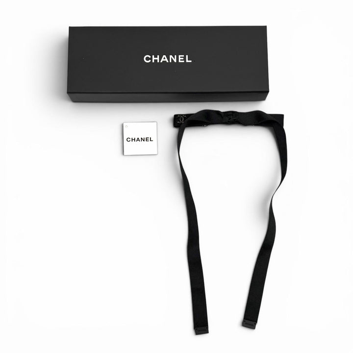 Pristine CHANEL Valletta Rhinestone COCO Mark Bow Barrette black silk 24B AAA428