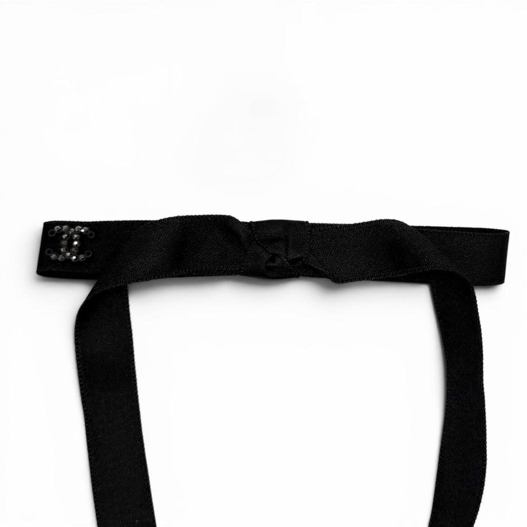 Pristine CHANEL Valletta Rhinestone COCO Mark Bow Barrette black silk 24B AAA428