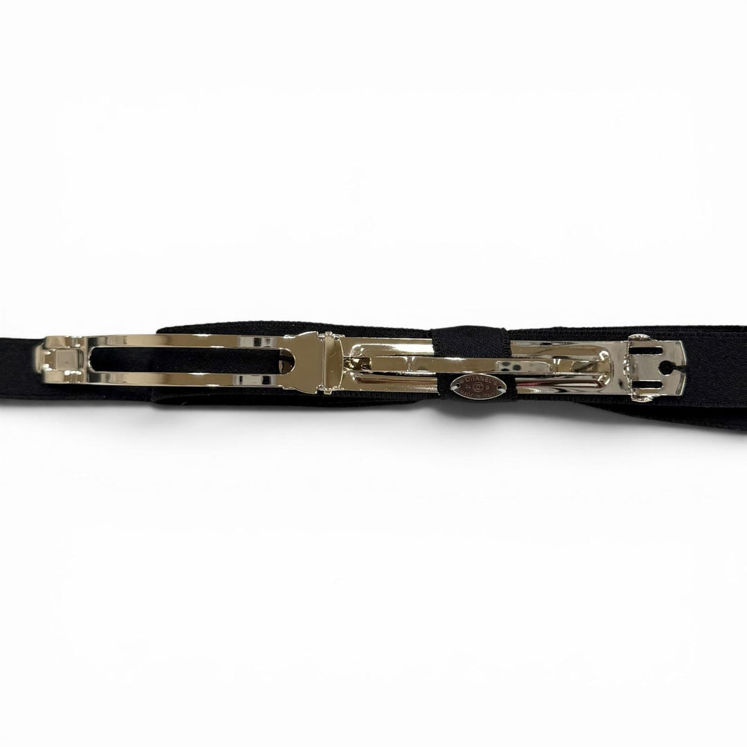 Pristine CHANEL Valletta Rhinestone COCO Mark Bow Barrette black silk 24B AAA428