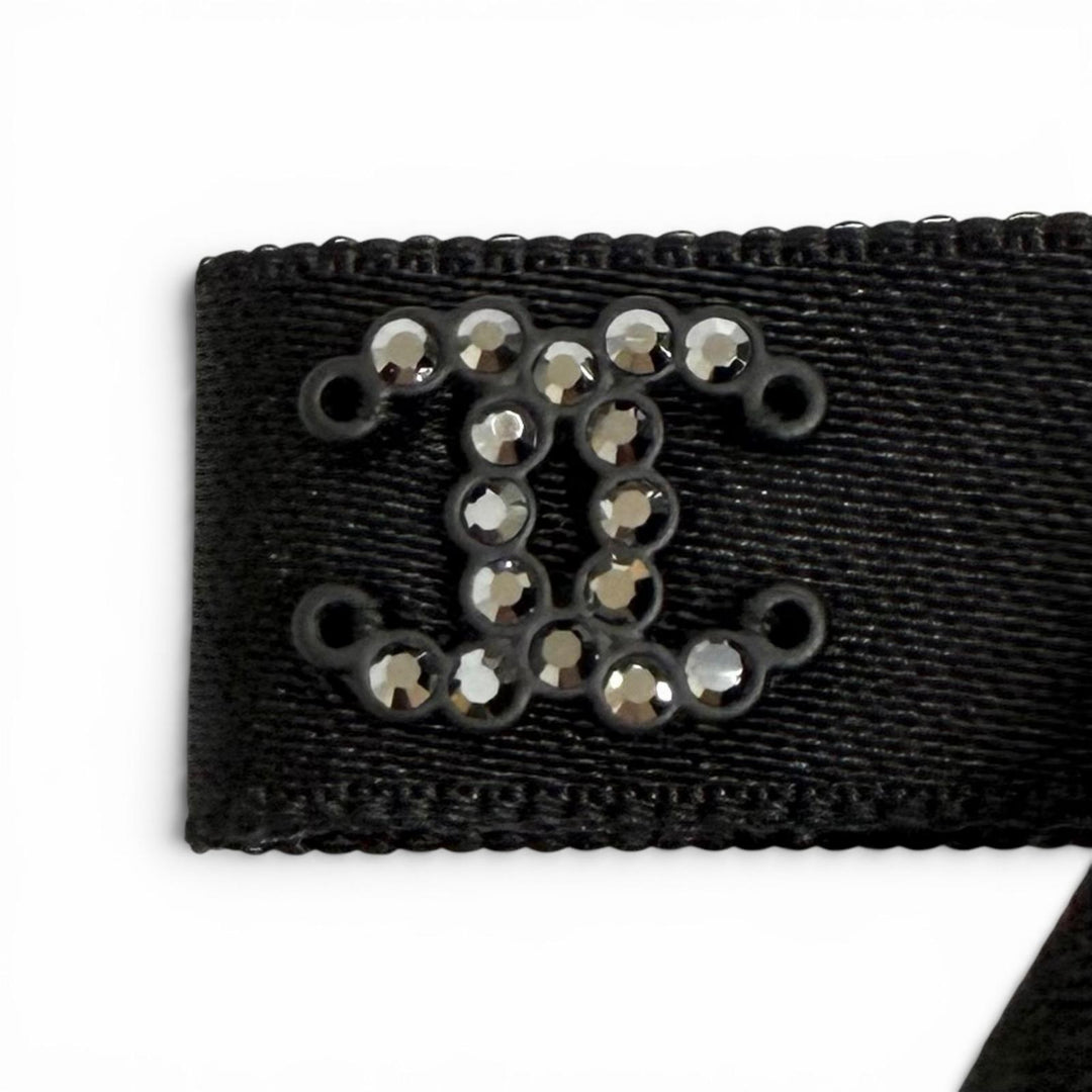 Pristine CHANEL Valletta Rhinestone COCO Mark Bow Barrette black silk 24B AAA428