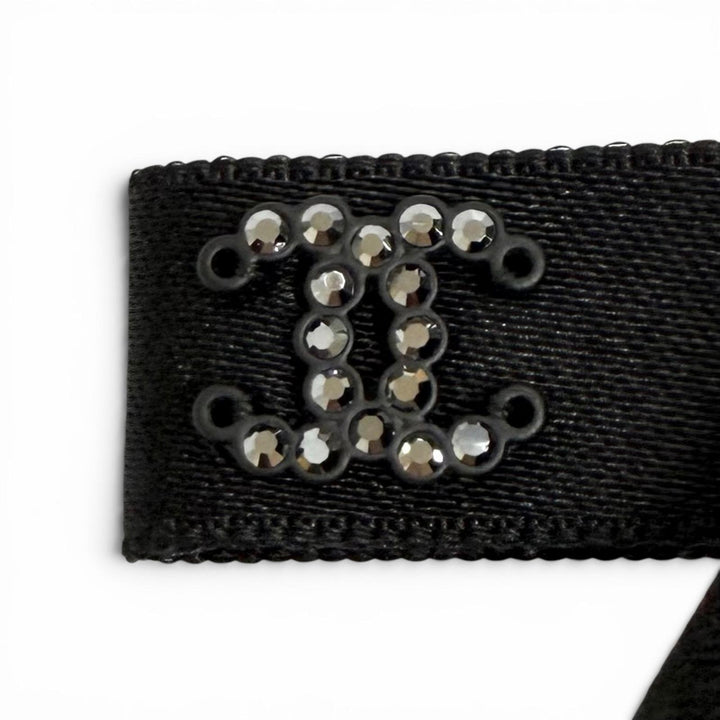 Pristine CHANEL Valletta Rhinestone COCO Mark Bow Barrette black silk 24B AAA428