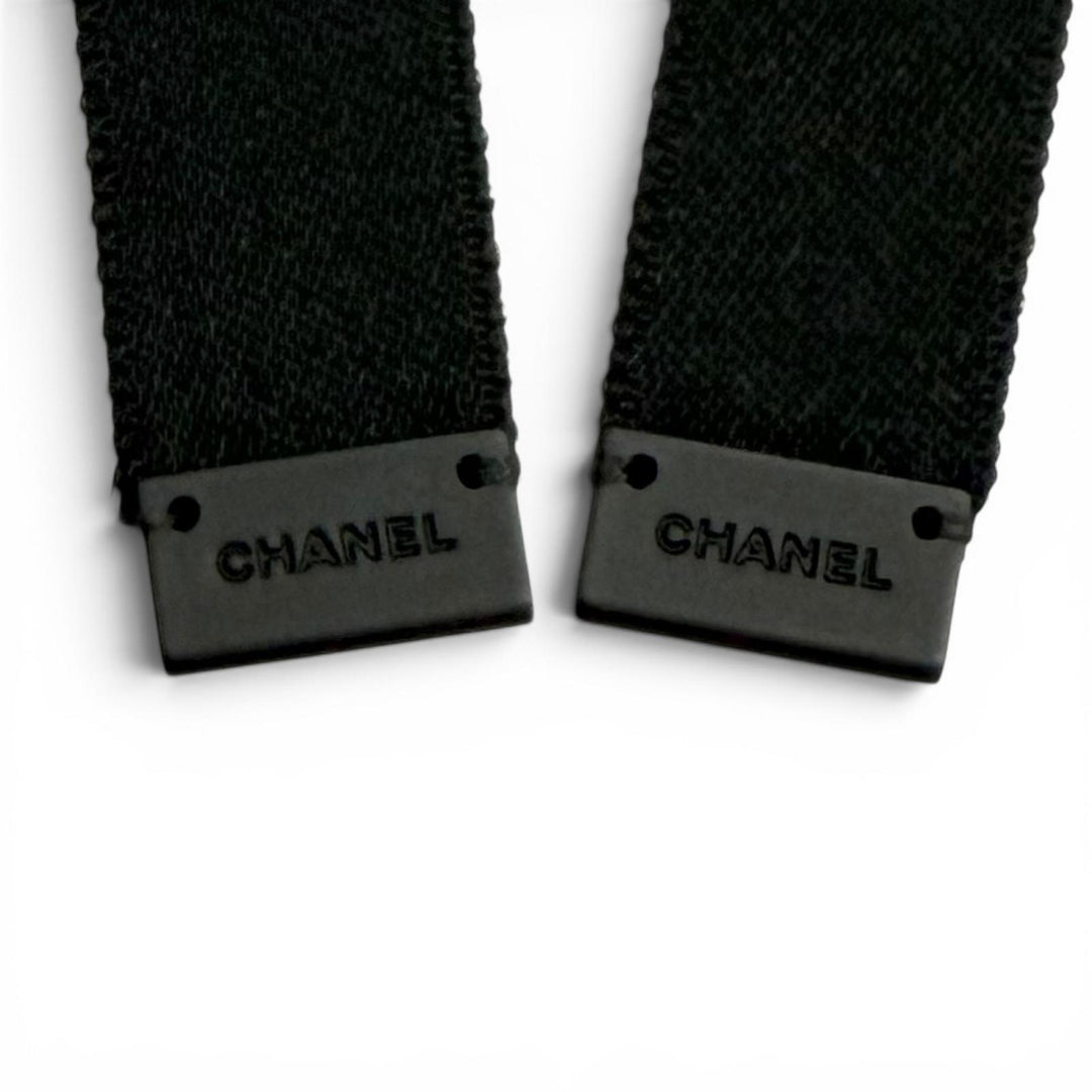 Pristine CHANEL Valletta Rhinestone COCO Mark Bow Barrette black silk 24B AAA428