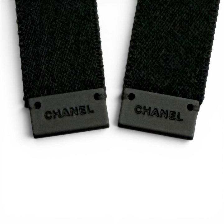 Pristine CHANEL Valletta Rhinestone COCO Mark Bow Barrette black silk 24B AAA428