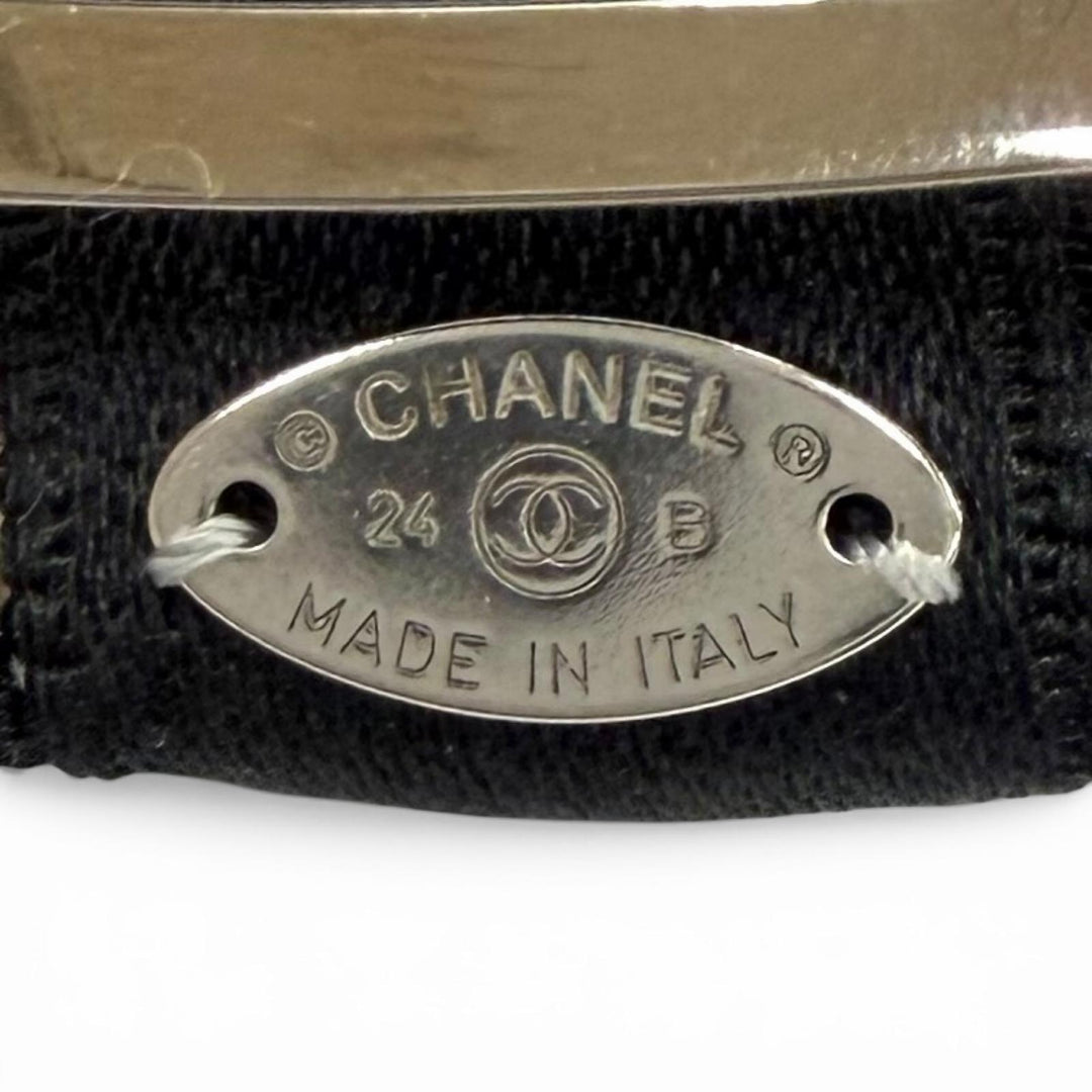 Pristine CHANEL Valletta Rhinestone COCO Mark Bow Barrette black silk 24B AAA428