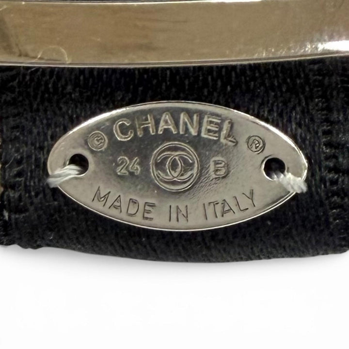 Pristine CHANEL Valletta Rhinestone COCO Mark Bow Barrette black silk 24B AAA428