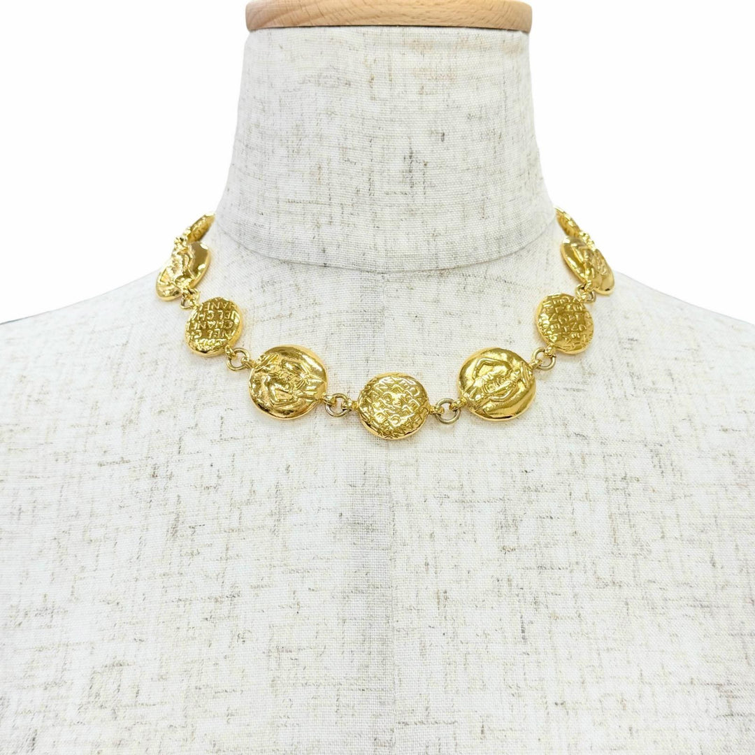 Very Good CHANEL Necklace Coco Mademoiselle Logo Round Coin gold Women