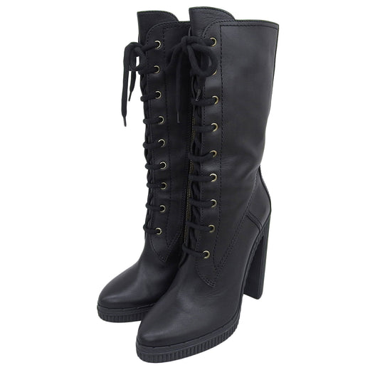 Excellent TOD’S boots Side zip, lace-up, chunky heel, medium black leather 39
