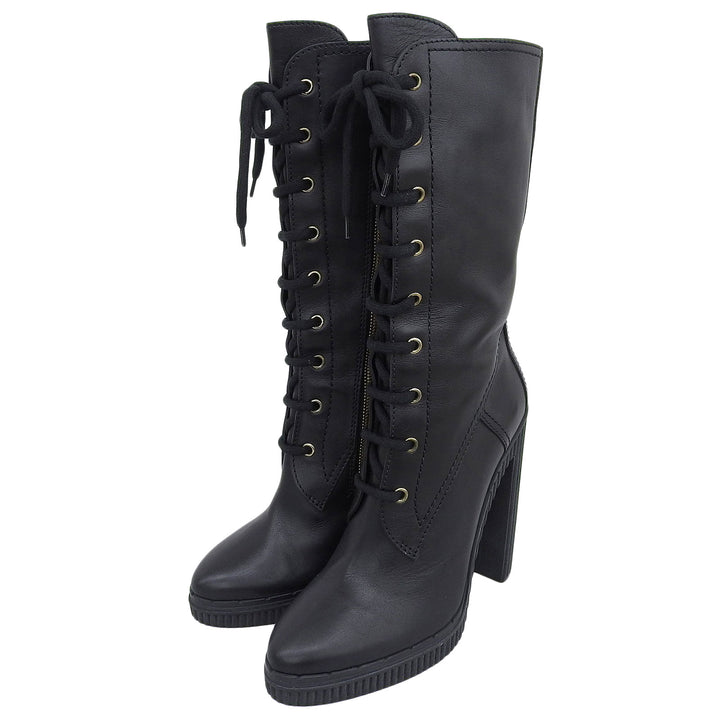 Excellent TOD’S boots Side zip, lace-up, chunky heel, medium black leather 39