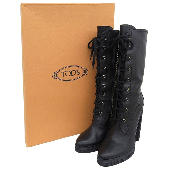 Excellent TOD’S boots Side zip, lace-up, chunky heel, medium black leather 39