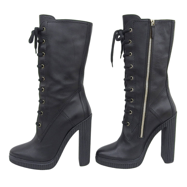 Excellent TOD’S boots Side zip, lace-up, chunky heel, medium black leather 39