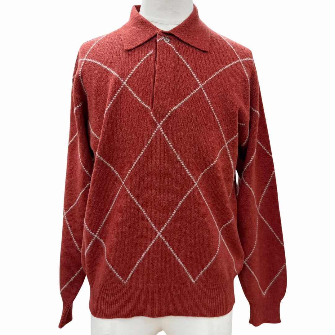 Excellent Loro Piana sweater Argyle Pattern Polo Knit Red cashmere mens 46